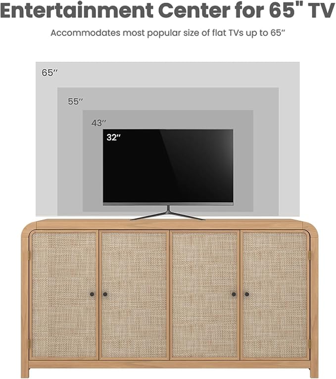 Oak&Sparrow Oak Sideboard Buffet Cabinet with Storage, 60'' Boho Buffets & Sideboards with Adjustable Shelves, Rattan Sideboard Cabinet with 4 Doors for Living Room, Hallway & Kitchen