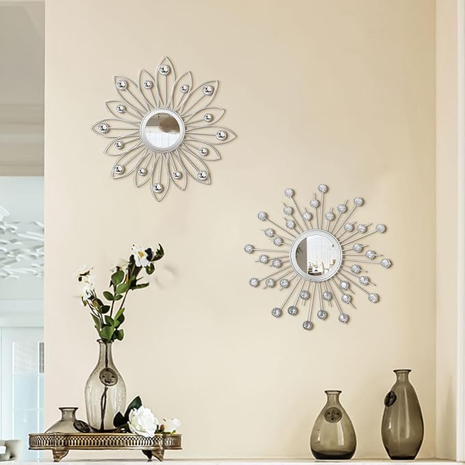 2 Pack Metal Mirrors for Wall Boho Sunburst Wall Mirror Home Decor Modern Decorative Wall Art for Bedroom Living Room Entryway