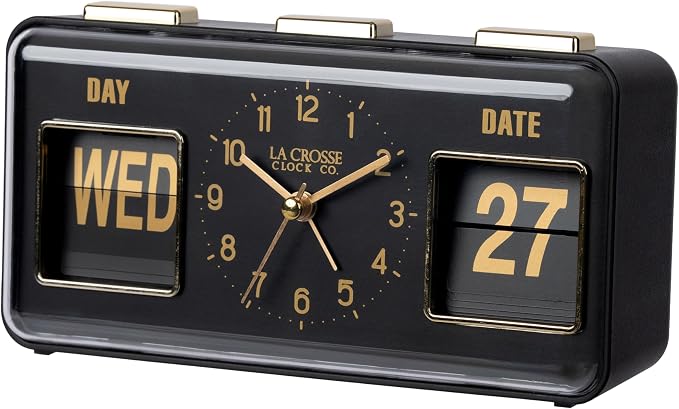 La Crosse Clock 636-379B Daily Flip Black Tabletop Alarm Clock with Calendar