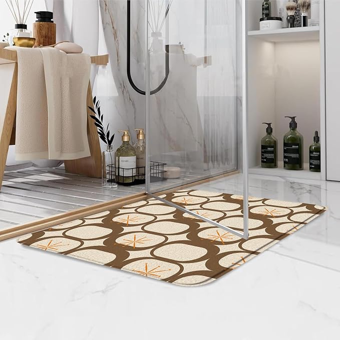 Mid Century Modern Bath Mat Abstract Atomic Geometric Retro 1950s Brown Bathroom Kitchen Toilet Rugs,16x24 Inch
