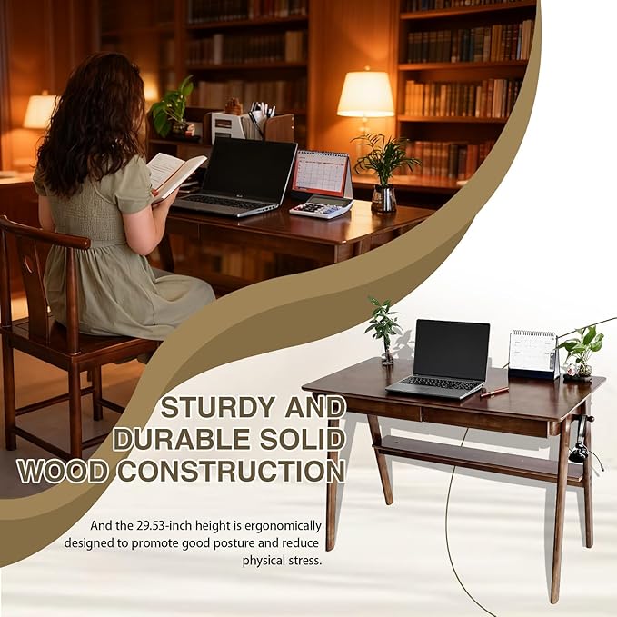 Mid-Century 47" Desk Solid Wood Writing Desk with 2 Drawers and Lower Shelf, Home Office Table for Study or Work or Dining with 2 Hanging Rod, Walnut