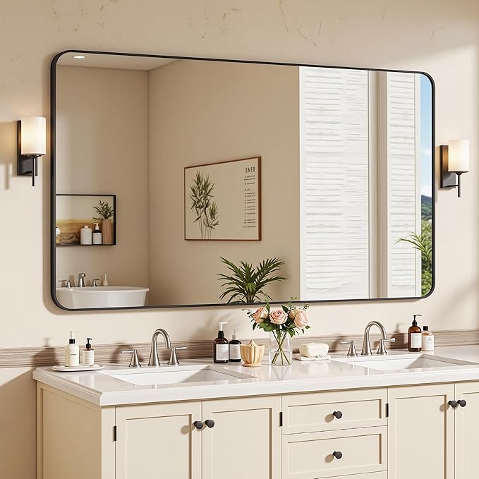 Bathroom Mirrors for Over Sink 55" x 30", Black Metal Frame Rounded Corner Rectangle Wall Mirror, Modern Farmhouse Vanity Mirror(Horizontal/Vertical)