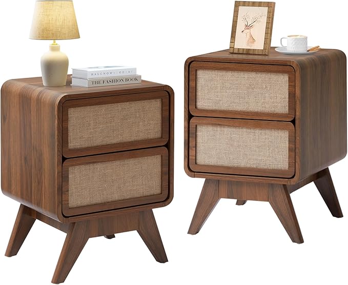 AVZEAR Mid Century Night Stand with 2 Drawers, Wood Bedside Table Curved Round Edge Nightstands with Linen, Solid Wood Legs, End Table Side Table for Small Space, Dorm, Bedroom (Walnut)