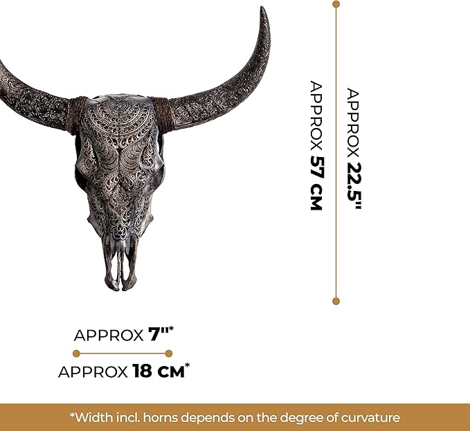 Skull Bliss - Hand-Carved Real Authentic Taxidermy Cow Skull/Bull Skull Wall Decor with Horns/Real Animal Cow Skull Wall Decor (Hand-Carved Horns)