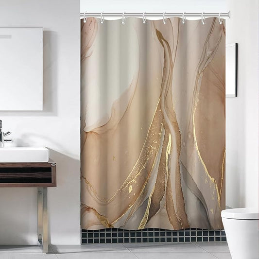 Brown Shower Curtain, Modern Brown Gold Grey Marble Shower Curtain for Bathroom Aesthetic Ink Texture Waterproof Shower Curtain Set with Hooks, 60x72 Inch