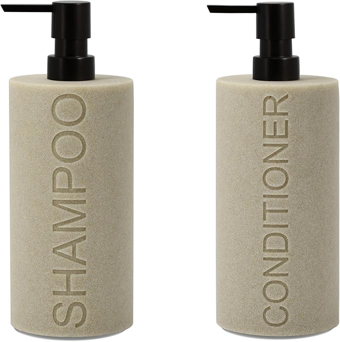 Resin 2 Pack Shampoo, Conditioner or Body Wash Dispenser Set, Luxurious Refillable Pump Bottles with Matte Pump Top and Embossed Text, Durable Design for Bathroom and Shower