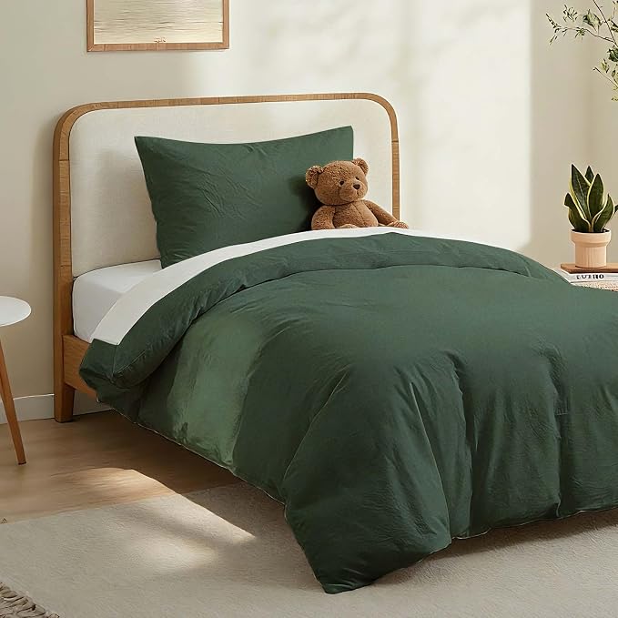 LOVQUE Green Duvet Cover Twin Size, 100% Washed Cotton Linen Like Bedding Set with Zipper Closure (No Comforter), 68x90 Inches, Forest Green