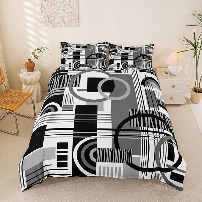 Erosebridal Art Deco Mid Century Duvet Cover Set Retro Modern Abstract Geometric Queen Bedding Set for Tween Boys Girls Black and White Grey Circles Stripes Comforter Cover Contemporary Bed Sets