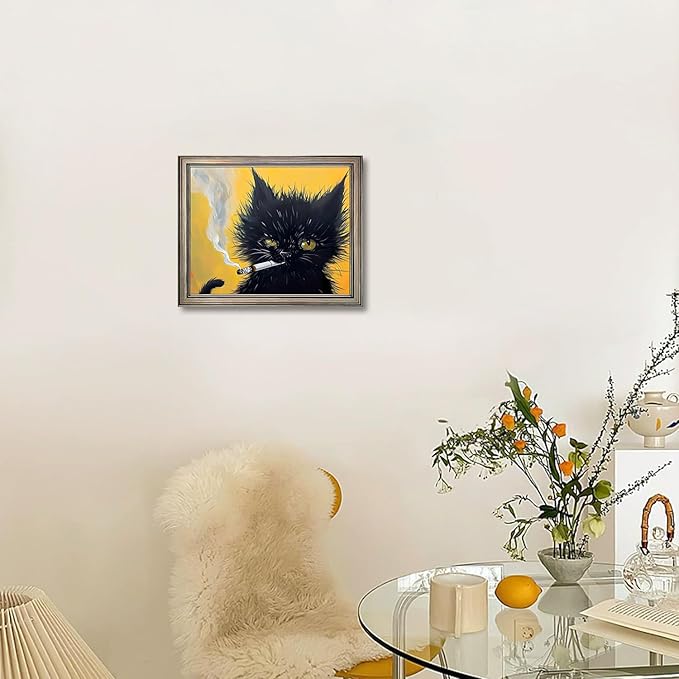Vintage Framed Wall Decor Black Cat Painting Cat Portrait Wall Art Canvas Print Poster for Mens Room Bathroom Decor