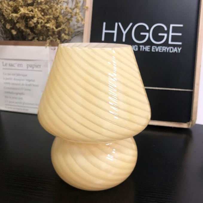 BSOD Glass Mushroom Bedside Table Lamp, Yellow Translucent Murano Vintage Style Striped Small Nightstand Desklamp Swirl Light for Home Decor, Dining, Living, Bedroom, Gift (Stripe Yellow)