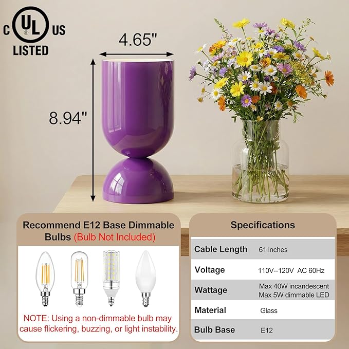 8.9" Modern Glass Table Lamp for Living Room, Dimmable Desk Lamps for Bedroom, UL Listed Nightstand Lamp with Dome Base, End Table Lamps for Home, Side Tables, College Dorm, Office, Glossy Purple