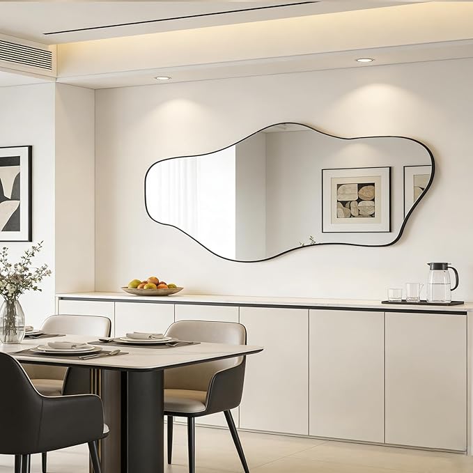 Large Irregular Wall Mirror, 63"x29" Asymmetrical Full Length Mirror with Black Metal Frame, Organic Shape Mirror for Entryway Hallway Living Room, Horizontal or Vertical Wall Hanging