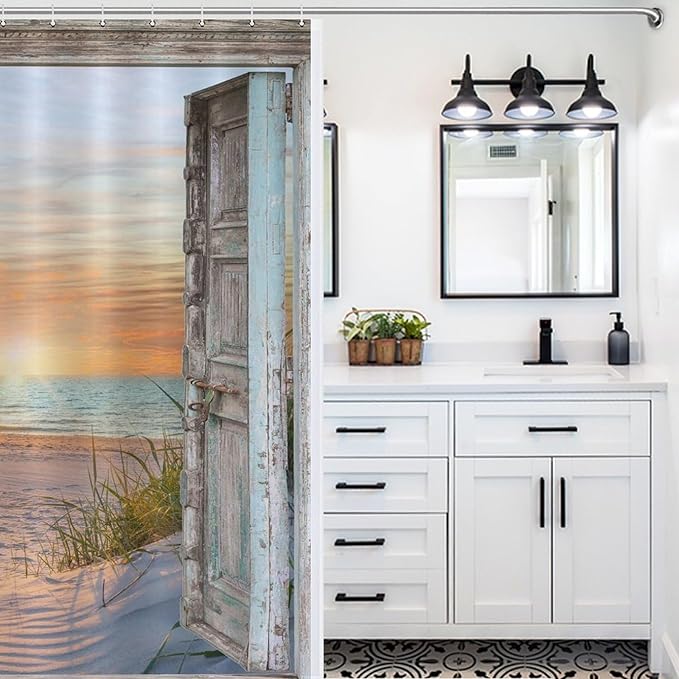 Beach Coastal Shower Curtain,Ocean Sunrise Seaside Seascape Nautical Beachy Shower Curtain,Rustic Barn Door Seashore Fabric Waterproof Bathroom Curtain with Hooks,72x84Inch