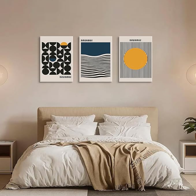 3Pcs Bauhaus Style Wall Art Bohemian Abstract Wall Decor Minimalist Canvas Mid Century Moderngeometry Poster Prints Painting Picture Suitable for Living Room Bedroom （12x16 Canvas）