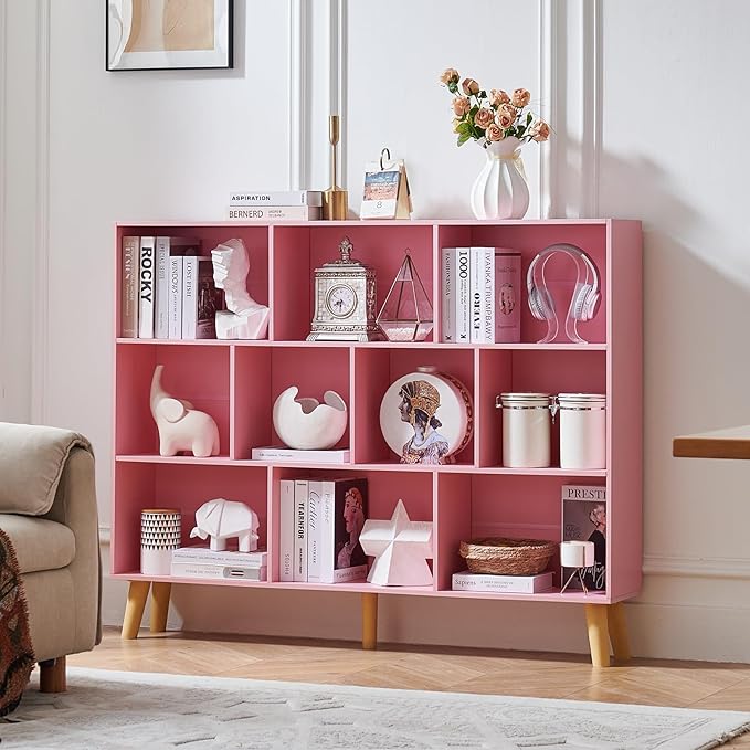 LEYAOYAO 10 Cube Bookshelf, 3 Tier Vintage 55" Wide Bookcase with Legs, Mid-Century Wood Bookshelves Storage, Light Pink Large Book Case, Freestanding Organizer Display Shelf for Living Room, Office