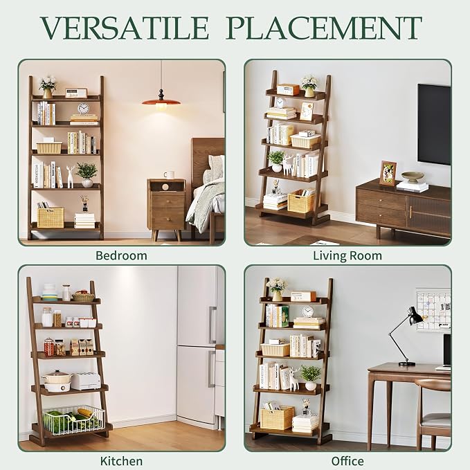 Wooden Walnut Ladder Shelf - 5-Tier Solid Wood Leaning Ladder Bookshelf Shelves Bookcase for Saving Space, 55" H Book Shelf for Living Room & Bedroom & Home Office