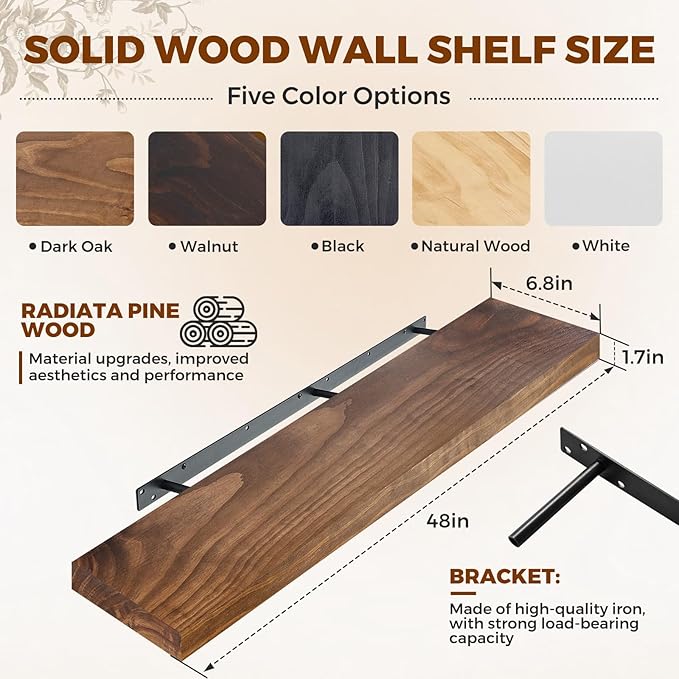 Floating Wall Shelf 48x6.8x1.7 Inch – Solid Wood Shelf in Dark Oak Finish – Extra Long Wall Mounted Rustic Display Shelf for Living Room, Kitchen, Bedroom, Office – Set of 2