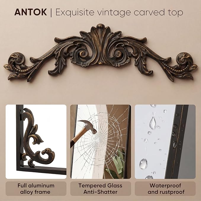 Antok Arched Full Length Mirror, 32"x71" Floor Mirror with Carved, Full Body Mirrors for HomeDecor, Large Wall Mirror with Corner Flower for Bedroom, Living Room, Bronze, Luxury Style
