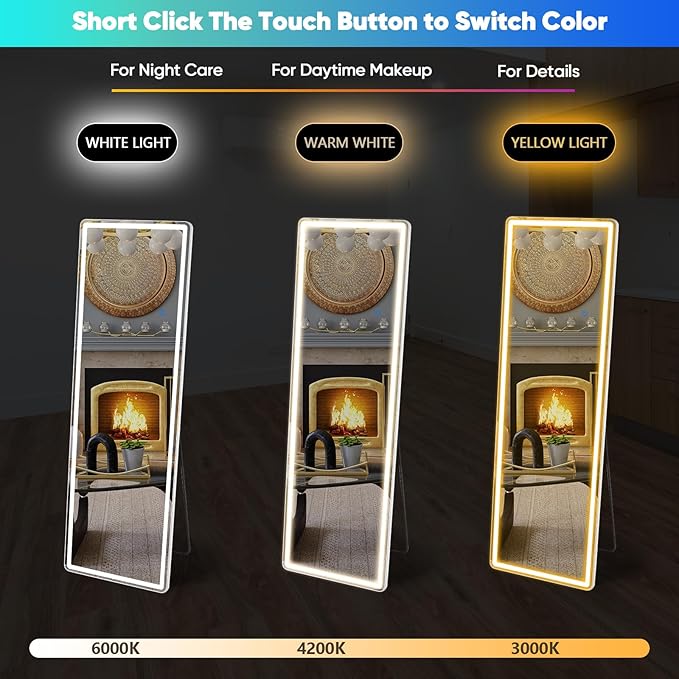OLIXIS 21"x 64" LED Full Length Mirror with Lights, Standing Lighted Floor Full Body Mirror with 3 Color Lighting, Wall Mounted Mirrors for Bedroom, Bathroom, Entryway with Tempered Glass