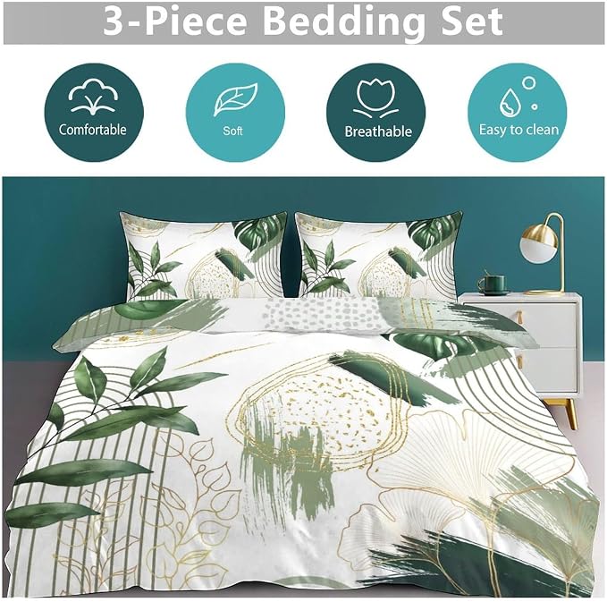 Boho Leaf Bedding Set,Mid Century Palm Tropical Leaf Abstract Geometric Modern Minimalism Green Comforter Set with Pillowcase for Bedroom Bed Decor，Twin 86"x70"