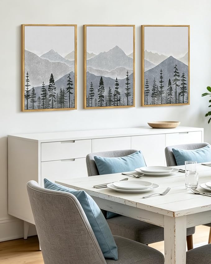 KUVIOKE Mountain Landscape Framed Wall Art Watercolor Nature Forest Painting Boho Farmhouse Rustic Room Decor for Bedroom Dining Room 16x24in (Natural Framed)