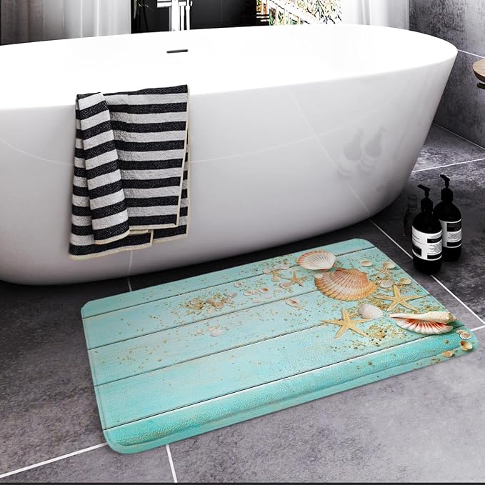 Britimes Bath Mat for Bathroom, Beach Shell Sea Collection Vintage Boho Washable Cover Floor Rug Carpets Floor Mat Bathroom Decorations 16x24 Inches for Kitchen Bedroom