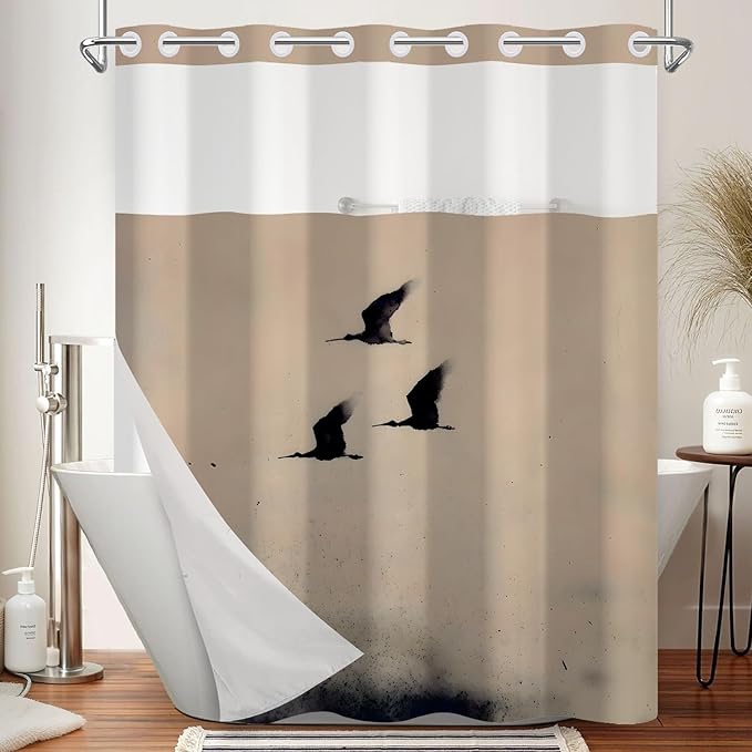 No Hook Shower Curtain with Snap in Liner - Ink Wash Art Flying Bird Crane Print, Waterproof Fabric Bath Curtain with See Through Top for Modern Zen Japanese Bathroom Decor, 71x74 Inch