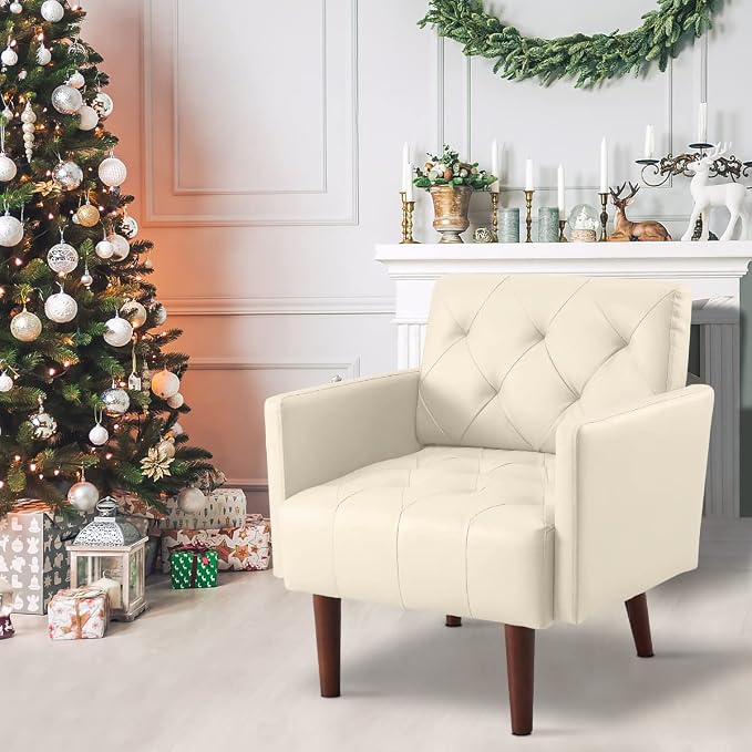 Faux Leather Accent Chair, Modern Retro Arm Chair for Living Room and Bedroom Tufted Upholstered Sofa Club Chair Comfy Armchair for Small Spaces Bedroom Office (Beige)