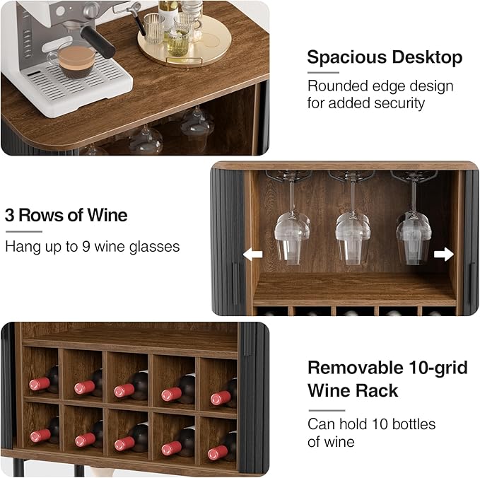 FiveWillowise Black Coffee Bar Cabinet with Storage, Fluted Wine Liquor Cabinet with Sliding Doors, Glass Holder and Wine Rack, Buffet Sideboard for Kitchen, Dining Room, Living Room