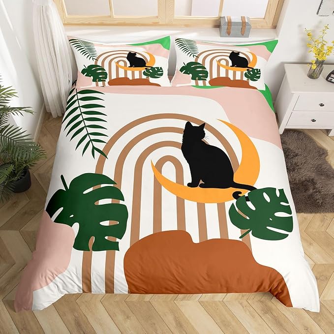 Erosebridal Funny Cat Toddler Bedding Set Boho Mid Century Duvet Cover Modern Abstract Minimalism Geometric Comforter Cover for Kids Girls Boys Adults Tropical Palm Leaves Bed Set
