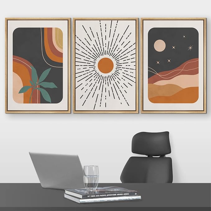 wall26 Framed Canvas Print Wall Art Set Boho Mid-Century Colorful Sun Moon Landscapes Nature Abstract Illustrations Modern Art Bohemian Decorative for Living Room, Bedroom, Office - 16"x24"x3 Natural