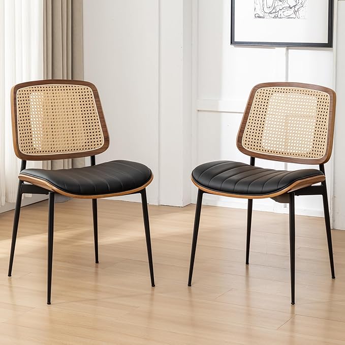 Rattan Dining Room Chairs Set of 2, Mid Century Modern Kitchen Ktichen Chairs,Faux Leather Walnut Wood Finish Side Chair, Metal Legs Desk Chair with Rattan Backrest,Black