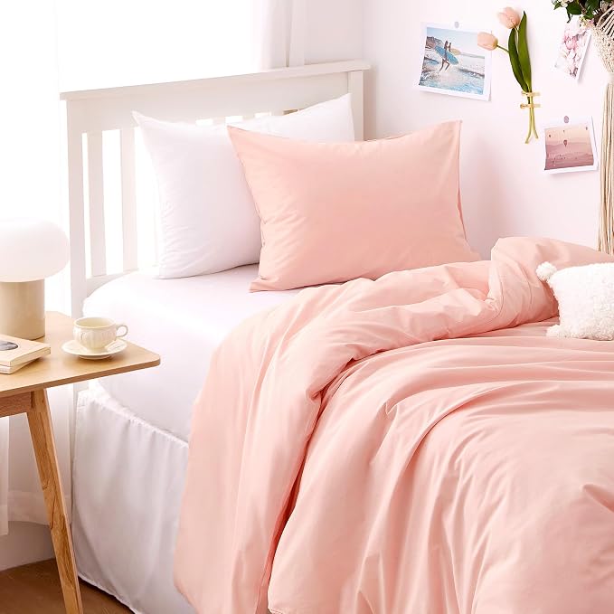 Wake In Cloud - Cotton Duvet Cover Set, 100% Washed Cotton, Linen Like Textured, Breathable Durable Comfy Farmhouse Neutral Bedding Set, 3 Pieces, Pink, Twin/Twin XL Size