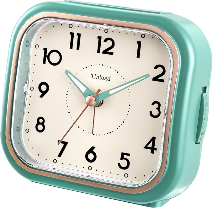Tinload 4.3" Vintage Retro Analog Alarm Clock, Super Silent Non Ticking Clock with Manual Light, Snooze, Battery Operated, Simply Design, for Living Room, Bedroom, Bedside, Desk(Green)