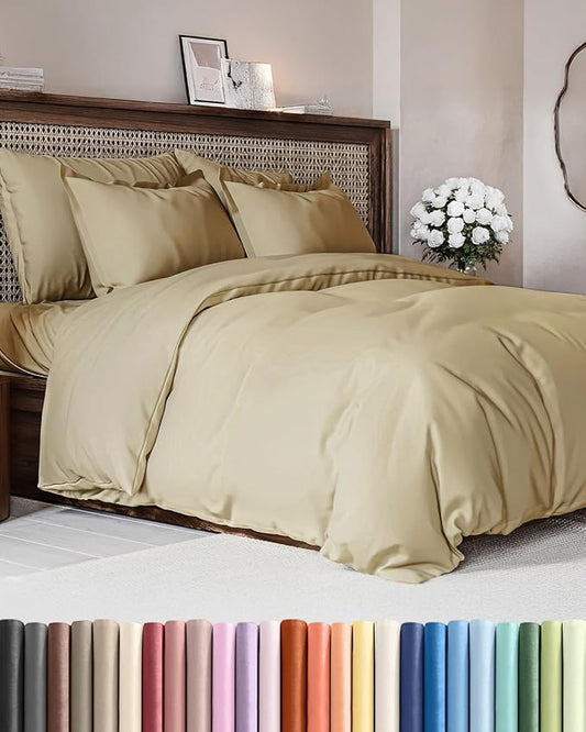 Duvet Cover Queen Size - Extra Soft Queen Size Duvet Cover - Lightweight, Breathable & Cozy - Easy Care & Fade Free with Zipper Closures & Ties - 90" x 90" Inches - (Beige) Comforter Not Included