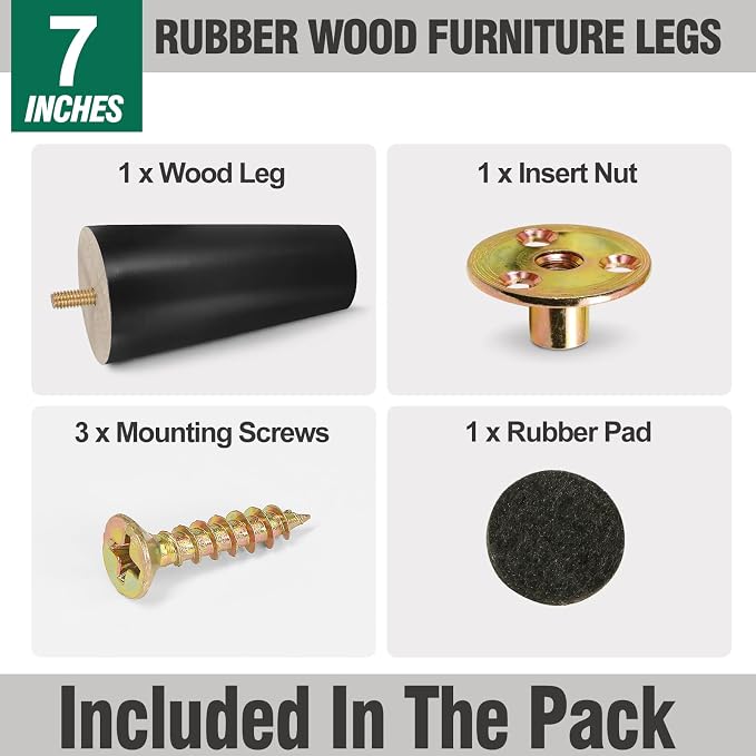 FoDau770 Black Rubber Wood Furniture Legs 7 Inches, 5/16" UNC Straight Tapered Wood Feet Mid Century Sofa Legs, Wooden Furniture Feet Replacement Parts for Cabinet Couch Dresser Chair Ottoman Table