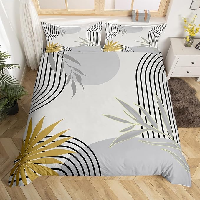 Erosebridal Boho Grey Geometric Duvet Cover Toddler for Kids Boys Girls,Abstract Leaves Comforter Cover,Retro Mid Century Bedding Set,Minimalist Aesthetic Bed Set 2 Pcs Bedroom Decor