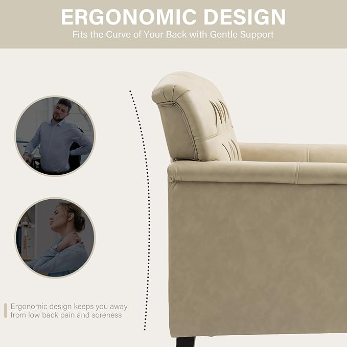 Lumibee Faux Leather Armchair, Contemporary Accent Chair with Nailhead Trims & Wood Legs for Living Room, Upholstered Comfy Arm Chair for Office,Bedroom-Beige
