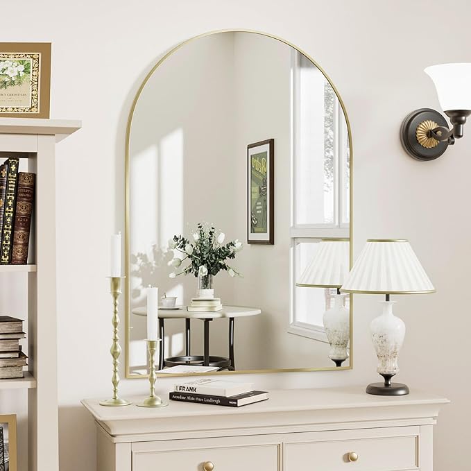 Gold Arched Bathroom Mirror for Wall-36"X24" Wall Mirror for Living Room, Bedroom, Bathroom, Dressing Room Hanging Vanity Mirror for Wall Decoration