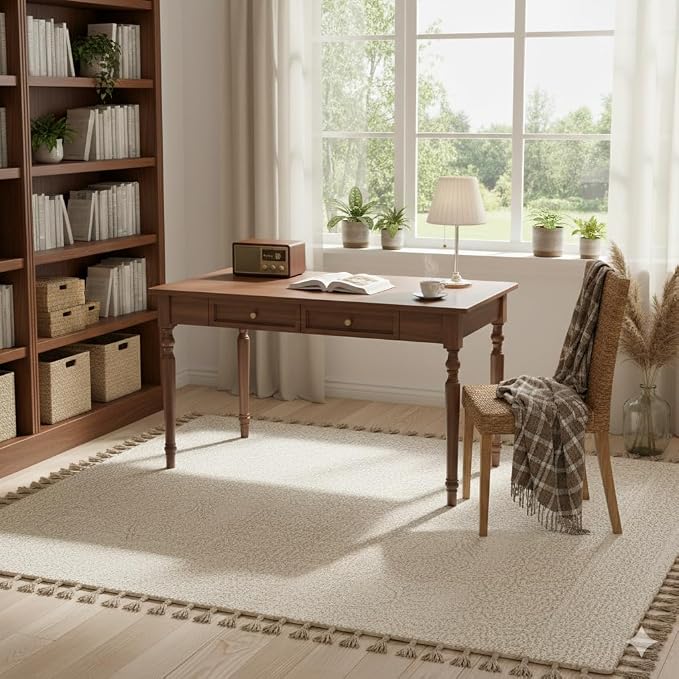 French Country Desk, 47 Inch Walnut Writing Desk with Drawers, for bedrooms, Apartments, or Student Dormitories Easy Assembly SXC-D776