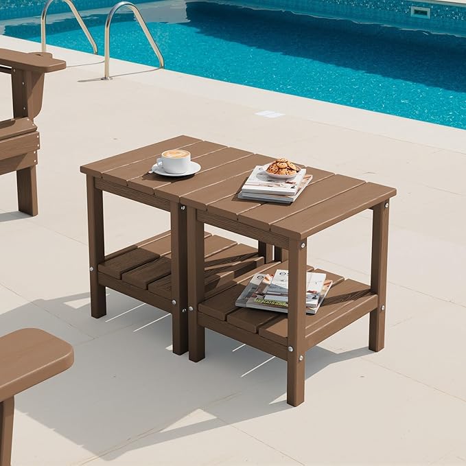 SERWALL 2-Tier HDPE Outdoor Side Tables Set of 2, Weatherproof Rectangular Adirondack Side Table, Brown