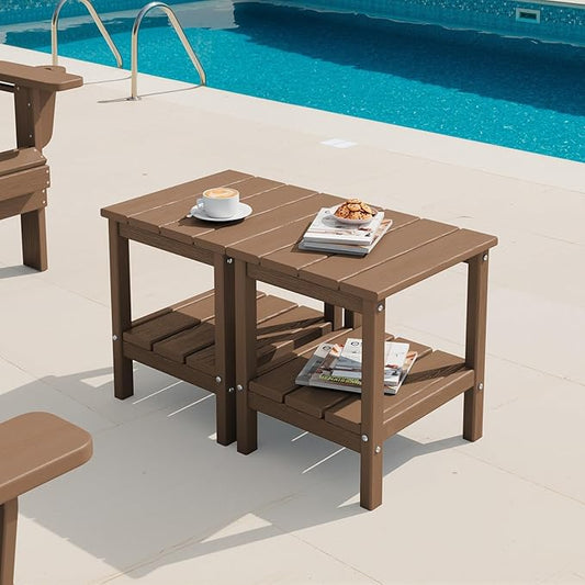 SERWALL 2-Tier HDPE Outdoor Side Tables Set of 2, Weatherproof Rectangular Adirondack Side Table, Brown