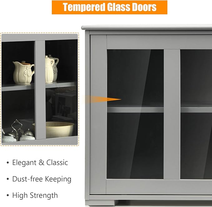 Sideboards Buffet Cabinet, Sliding Tempered Glass Door Coffee Bar, Console Table with Adjustable Shelf, Credenzas for Living Room, Stackable Kitchen Cupboard for Dining Room (Grey)