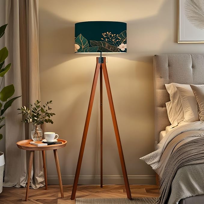 Wood Tripod Floor Lamp Leaves elegance luxury Symbol spring summer season Linear ornament Mid Century Standing Lamp Linen Shade Dimmable Modern Tall lamp Home Decor for Living Room Bedroom Office