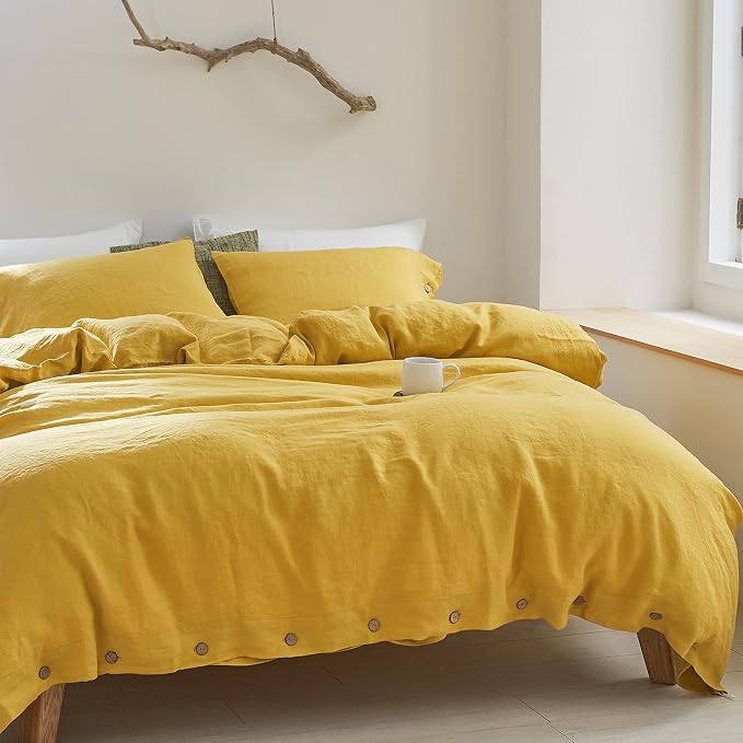 Simple&Opulence 100% Linen Duvet Cover Set 3pcs with Coconut Button Closure Natural French Washed Flax Solid Color Soft Breathable Farmhouse Bedding - Mustard Yellow, Full Size