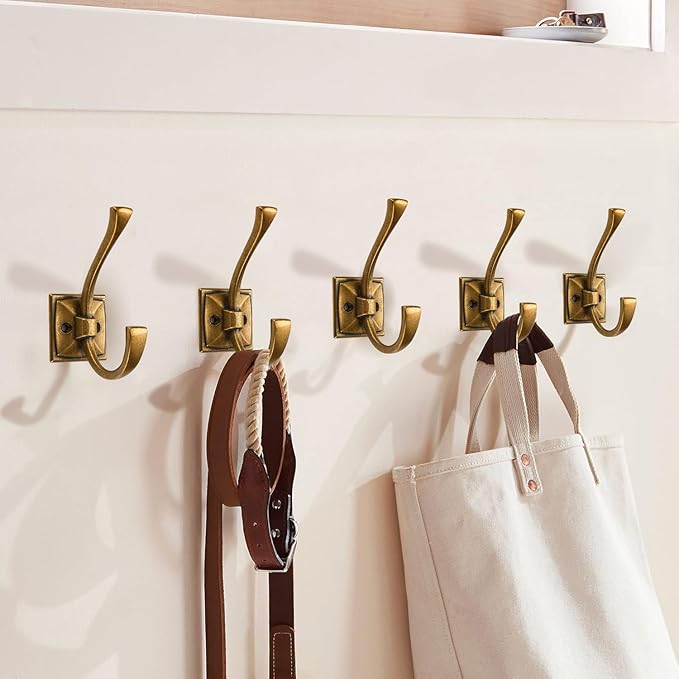 Large Wall Hooks 2 Pack Antique Brass Coat Hardware for Hanging 4.35 Inch Double Robe Wall Mounted With Screws for Key, Towel, Bags, Cup, Hat