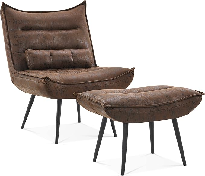 MCombo Wingback Accent Chair with Ottoman, Modern Bronzing Fabric Upholstered Club Chair for Small Space, Living Room 4400 (Dark Brown)