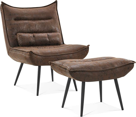 MCombo Wingback Accent Chair with Ottoman, Modern Bronzing Fabric Upholstered Club Chair for Small Space, Living Room 4400 (Dark Brown)