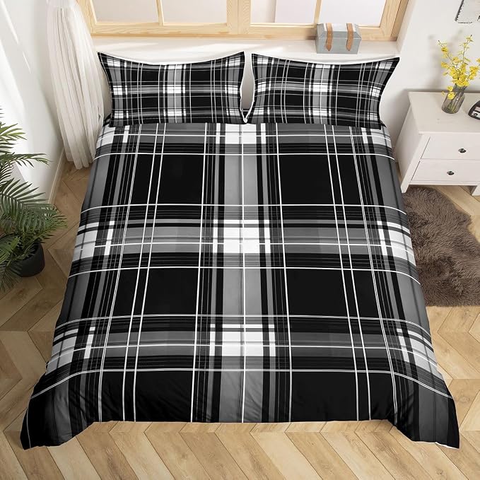 Erosebridal Boys Girls Plaid Bedding Set Queen Black Grey Checkered Duvet Cover for Kids Teens Buffalo Grid Stripes Comforter Cover Modern Geometric Bed Set with Zipper