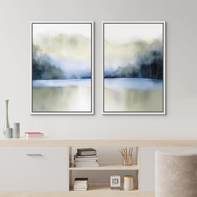 IDEA4WALL Framed Canvas Print Wall Art Set Serene Blue Lake Watercolor Landscape Illustrations Modern Art Decorative Coastal Cottage Seascape for Bedroom - 16"x24"x2 White